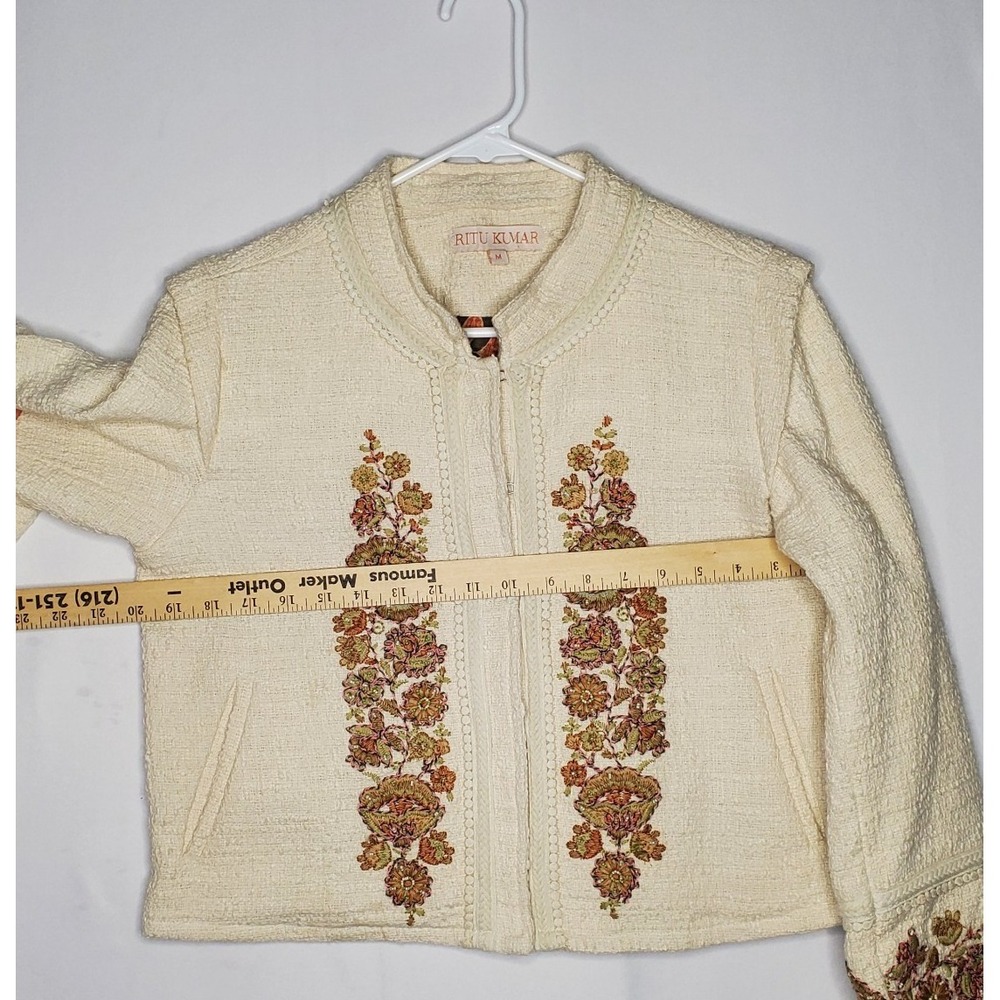 Ritu Kumar Jacket Medium Womens Woven Cream Embroidered Textured Pocket Boho - Picture 6 of 10